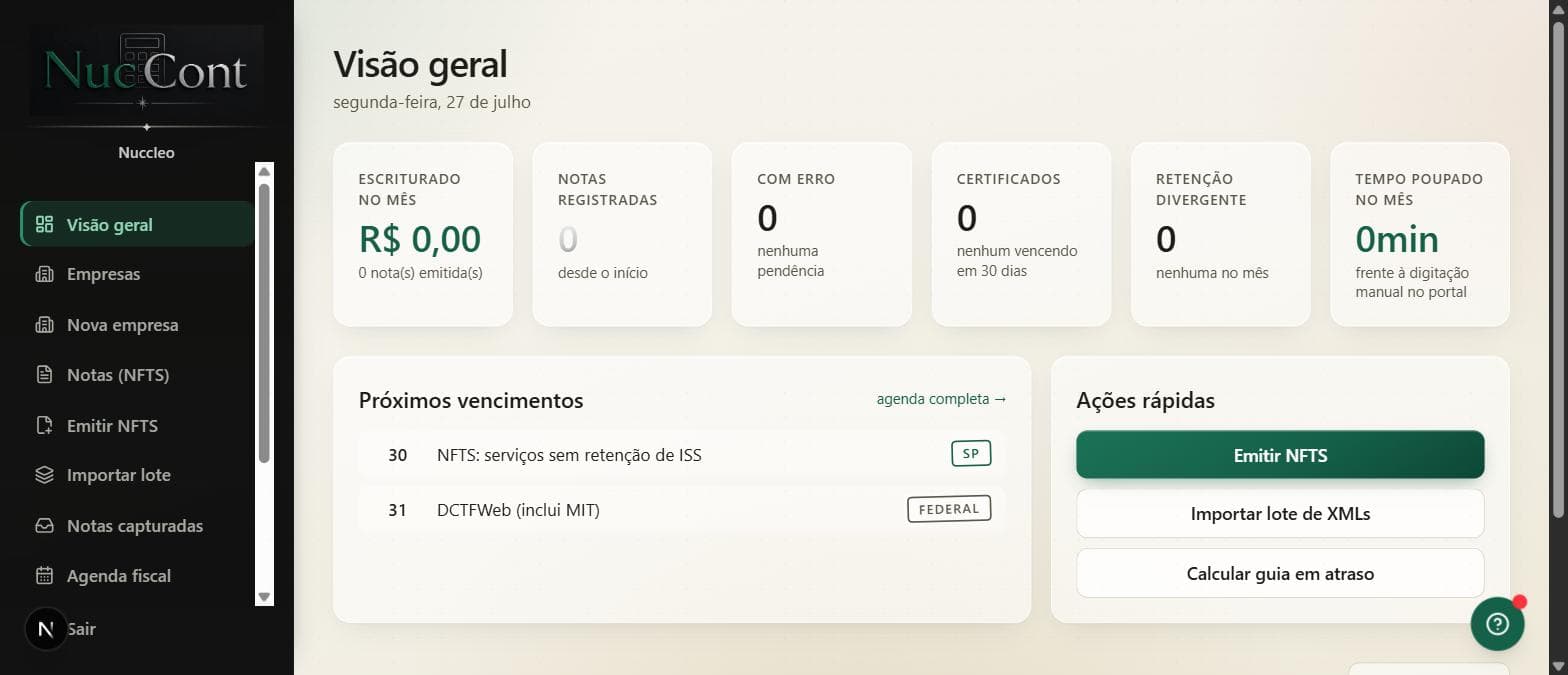 Tela de visão geral do painel NucCont, com escriturado no mês, notas registradas, certificados e próximos vencimentos